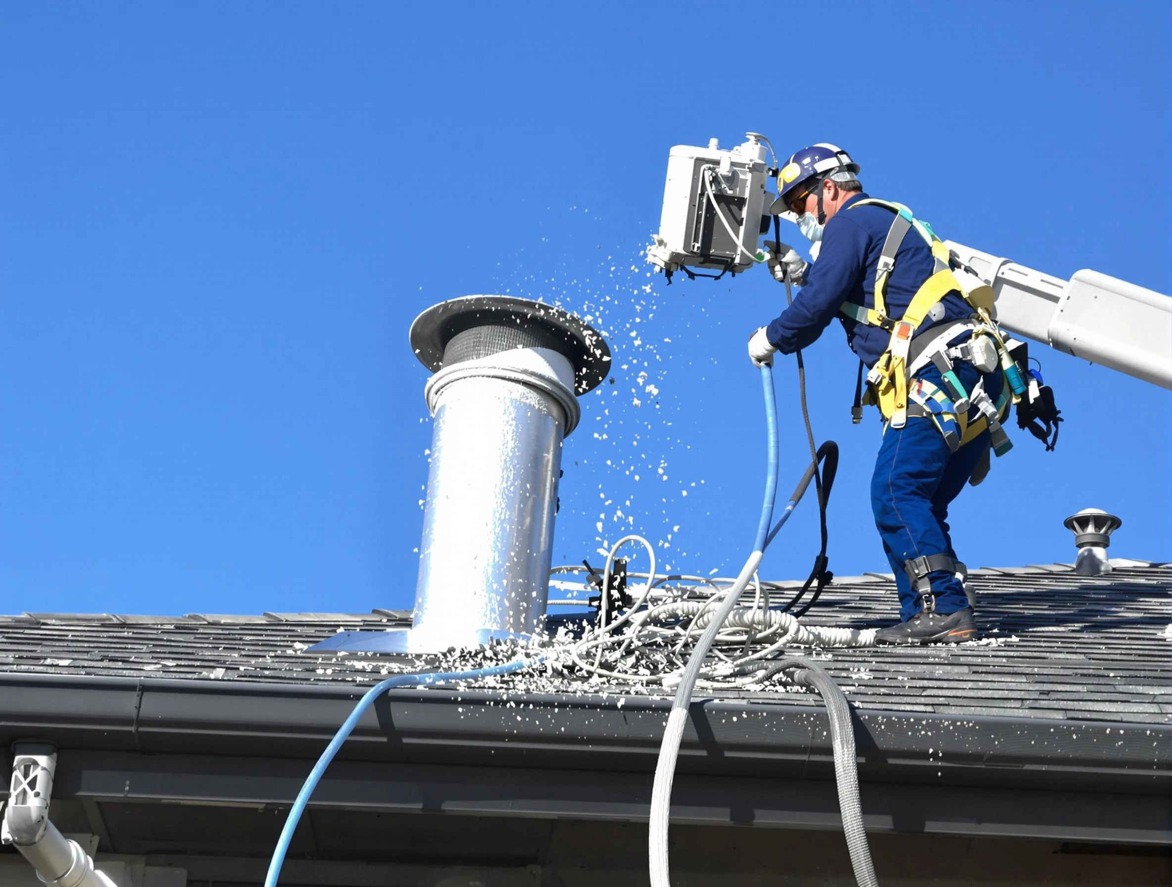 Argo Dryer Vent Cleaning certified technician safely cleaning a roof-mounted dryer vent in Argo